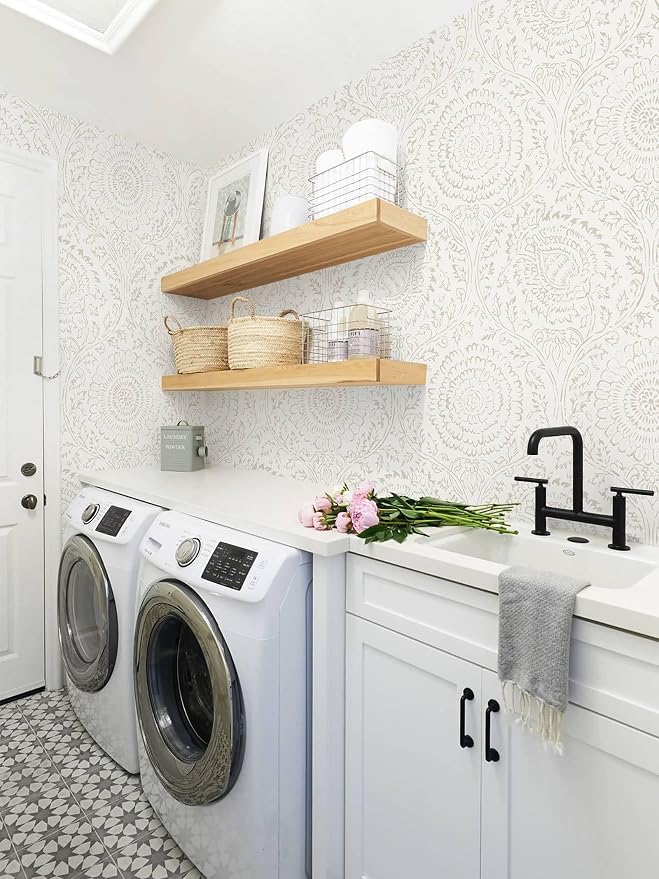 Ismoon Peel Stick Wallpaper Boho Beige Neutral Vintage Floral Contact Paper | 17.3x78.7in Renter Friendly Textured Wall Paper Self Adhesive Removable Wallpaper for Bedroom Kitchen Bathroom Wall Decor - Image 8