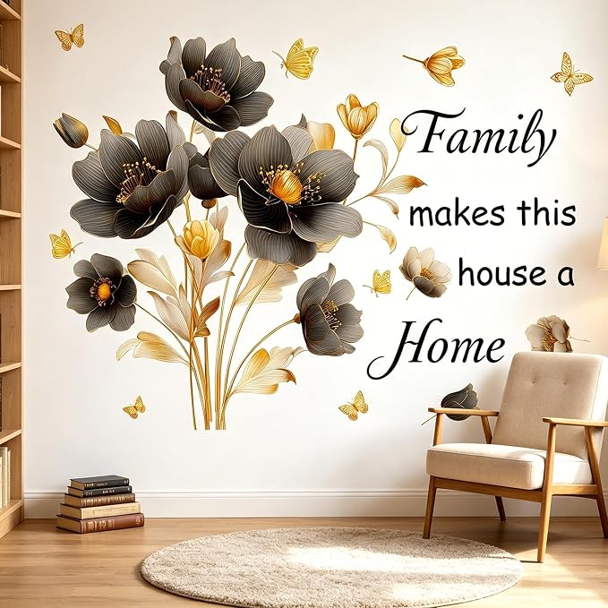 Floral Flower Family Quotes Butterflies Peel and Stick Wall Decor Decals | Elegant gold flower removable vinyl wall stickers mural with "Family makes this house a home" quote for living room bedroom - Image 5