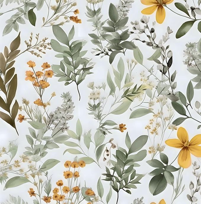 Laatse Vintage Green Yellow Wild Floral Botanical Wallpaper 17.5"x787" | Self Adhesive/Removable/Waterproof/Thick Vinyl Extra Long Contact Paper for Bathroom Bedroom Shelf Cabinet Drawer,Prepasted by Laatse