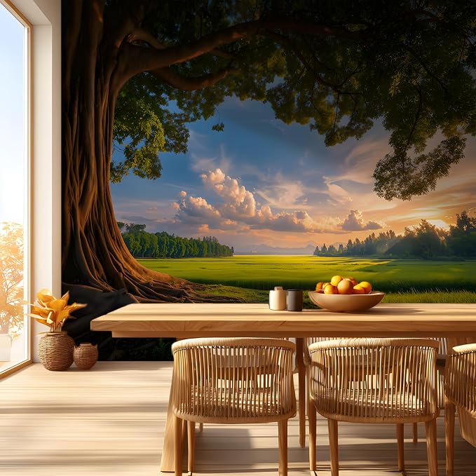 ASJ Forest Peel and Stick Wallpaper Mural, Ancient Tree Sunlit Landscape | Seamless edge-to-edge match. Banyan roots meadow & blue sky artwork, 139x94 in, premium fabric, living room decor. - Image 6