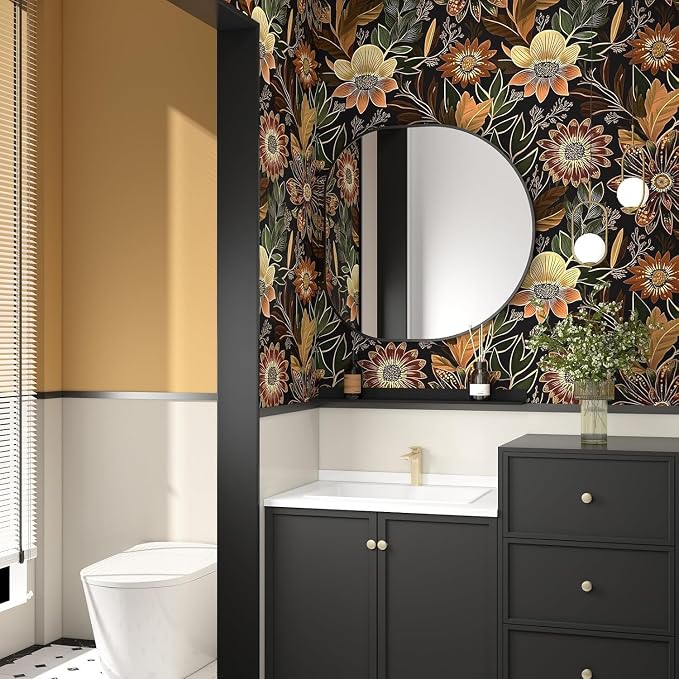 Laatse Boho Dark Black Gold Floral Wallpaper Peel and Stick 17.5"x197" | Self Adhesive/Removable/Waterproof/Thick Vinyl Contact Paper for Bathroom Bedroom Shelf Cabinet Drawer,Prepasted,Easy Peel - Image 6