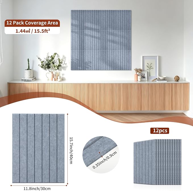 TO-TH Self-Adhesive Acoustic Panels 12Pack Sound Dampening Panel,Light Gray | 100% Polyester Fiber, Peel and Stick Wall Panels, 11.8"×15.7"×0.35", Acoustics and Sound Absorption for Studio, Garage, Home - Image 6