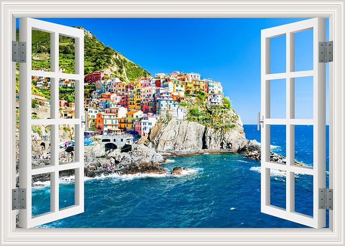 Self-Adhesive Wall Sticker Romantic Living Room Bedroom Study Office Decorative Wall Sticker Ocean Scenery Fake Window Sticker Mural (17.3"×27.6", sea City) by THNWSY