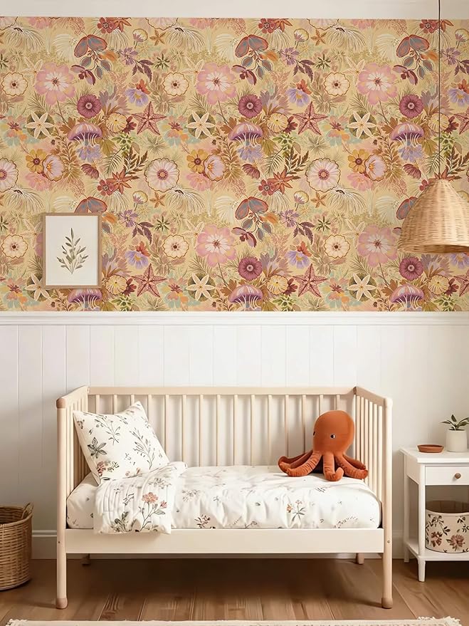 Ismoon Vintage Floral Peel and Stick Wallpaper Deep Beige Pink Contact Paper Jellyfish Starfish Stick on Wall Paper Removable Self Adhesive Vinyl Wallpaper for Bedroom Wall Cabinet Decor 17.3x78.7in - Image 4