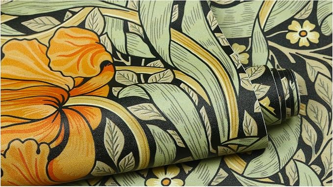HAOKHOME William Morris Style Wallpaper Floral Orange 17.3in x 32.8ft | Long Peel and Stick Textured Wall Paper Renter Friendly Removable Black Green Yellow Floral Bathroom Bedroom Contact Paper - Image 8