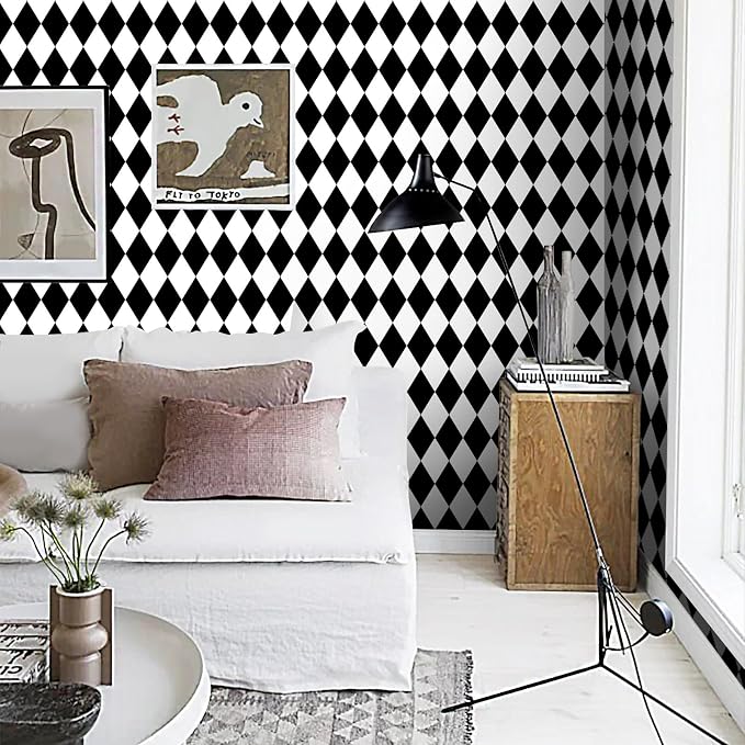 Black and White Peel and Stick Wallpaper Diamond Wallpaper Rhombus Contact Paper 17.3"x120" Lattice Self Adhesive Waterproof Vinyl Roll for Bathroom Kitchen Backsplash Cabinets - Image 8