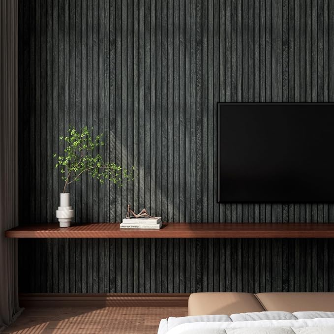 LACHEERY Black Wood Panel Wallpaper Peel and Stick 3D Wood Slat Wall Paper Black Wooden Slats Panels for Wall Cabinets Removable Contact Paper Self Adhesive Oak Slat Panel Roll Decorative 15.8"x80" - Image 3