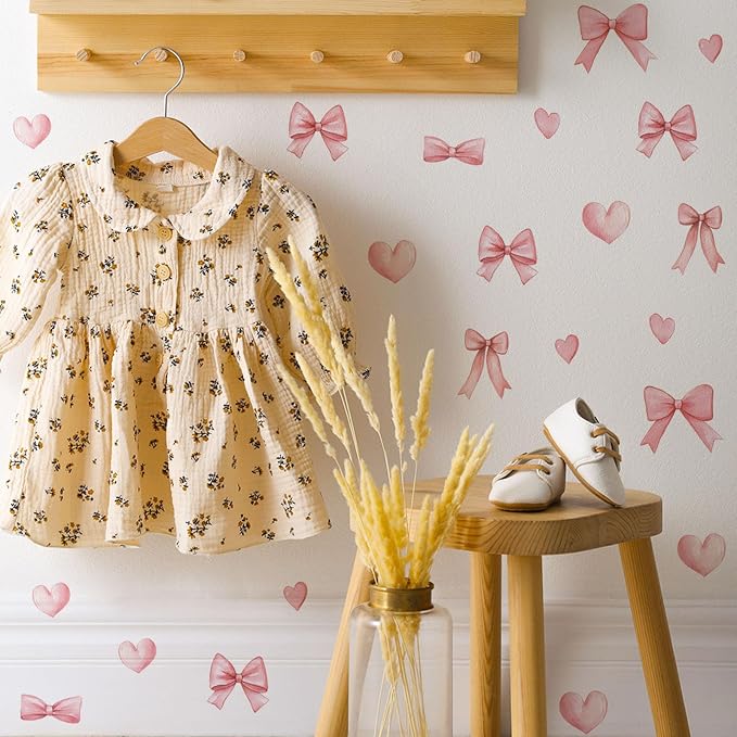 Arawat 48pcs Bowtie Wall Sticker and Decals for Bedroom and Bathroom Pink Bow Room and Wall Decor Heart Decoration Vinyl Peel and Stick Room Decor for Bedroom Bow Stickers - Image 9