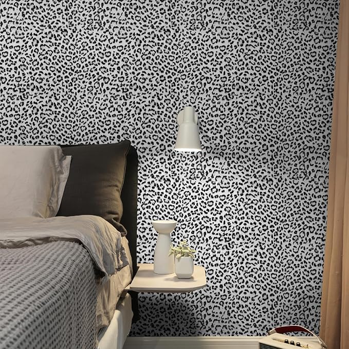 Leopard Print Peel and Stick Wallpaper, Waterproof Removable Self Adhesive Textured Wall Paper, Black and White Unique Funky Cheetah Contact Paper for Bedroom and Bathroom 120"X17.3"(14.4 sq. ft) by wallpaper