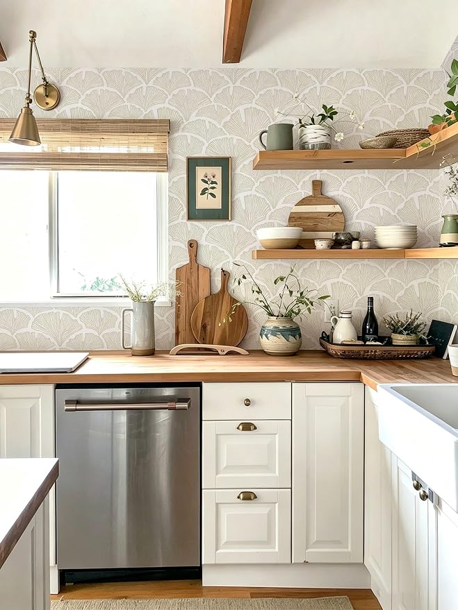 Dimoon Peel and Stick Wallpaper Boho Beige Contact Paper Neutral Cottage Wallpaper Farmhouse Leaf Morden Renter Friendly Removable Wall Paper Botanical for Bathroom Kitchen Bedroom Vinyl 197" x 17.3" - Image 4