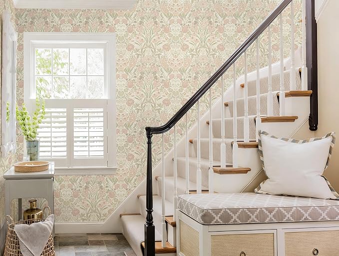 Heroad Vintage Peel and Stick Wallpaper Pink and Green Floral Contact Paper | Boho Damask Wallpaper,17.3''x196'',Removable Renter Friendly Wall Paper for Bathroom Bedroom Laundry,Self Adhesive Vinyl - Image 6