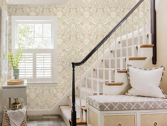 Heroad Vintage Peel and Stick Wallpaper Pink and Green Floral Contact Paper | Boho Damask Wallpaper,17.3''x78.7'',Removable Renter Friendly Wall Paper for Bathroom Bedroom Laundry,Self Adhesive Vinyl - Image 6