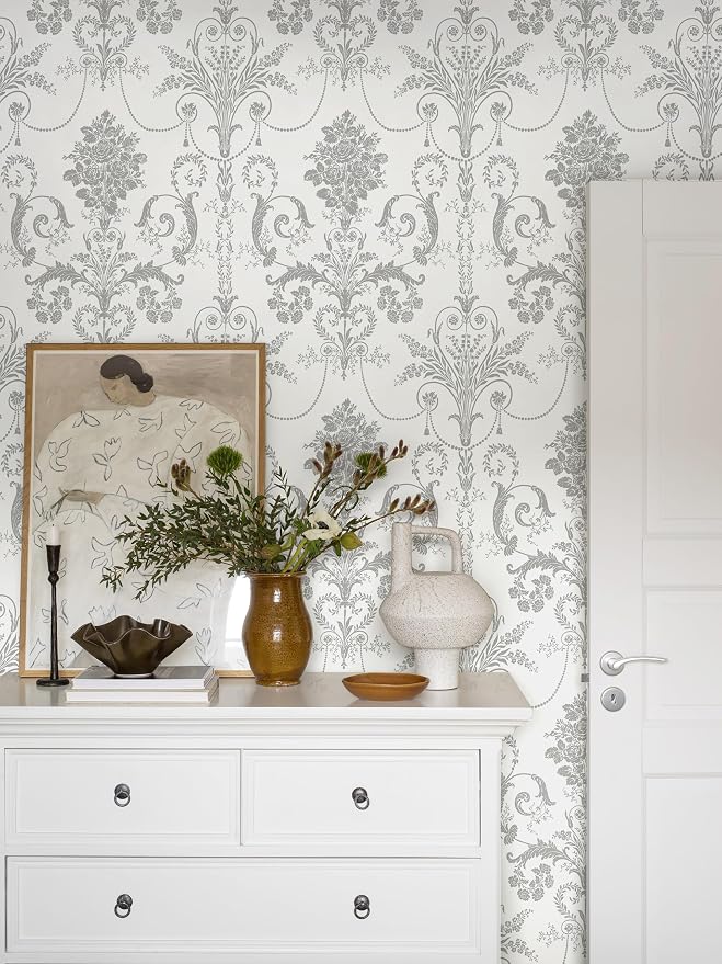 Silver Gray Removable Wallpaper Damascus Floral Peel and Stick Wallpaper | 17.3" X 197" Boho Grey Flower Contact Paper Self Adhesive Wallpaper Damask Floral Decorative Wallpaper for Bedroom Covering - Image 8