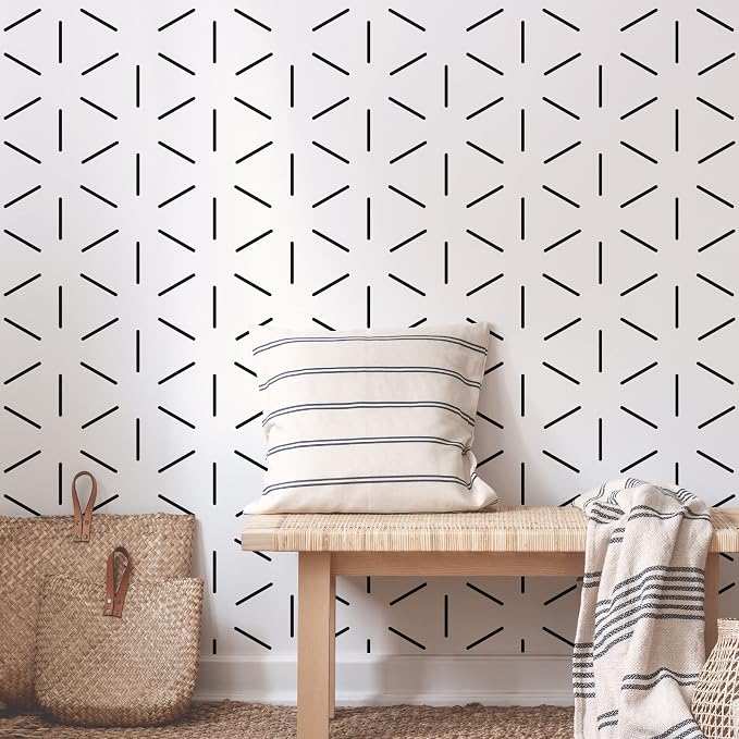 Hexagon Black Wall Decals with a Template, Modern Geometric Décor | 360 matte black vinyl lines with guide for a crisp geometric look. Peel and stick for bedroom, bathroom, living room, office. - Image 2