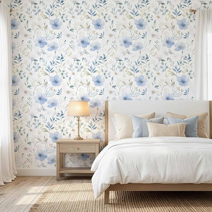 Light Blue Floral Peel and Stick Wallpaper, 17.7in x 118in | Self-adhesive and removable watercolor flower design for bedroom, living room, and accent wall - Image 2