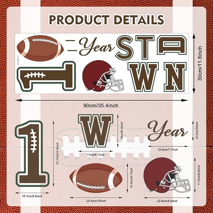 LHIUEM 1ST Year Down Birthday Decals Baby Boy One First Year Down Football Birthday Inspiration Stickers for Balloons Arch Backdrop Brown Green Football First Decal for Gift Centerpieces Baby Party - Image 7