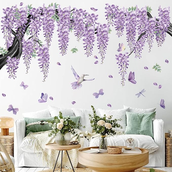 Amaonm 65x42 Inch Large Watercolor Black Tree Branch Wall Decals Peel & Stick Wall Stickers with Purple Flowers Vines, Butterflies & Birds, DIY Removable Wall Art for Living Room, Nursery Decor by AMAMAONM