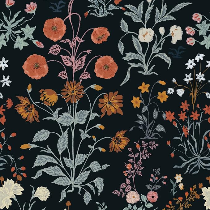 Floral Peel and Stick Wallpaper Vintage Wallpaper Dark Blue Wall Paper Wildflower Contact Paper for Cabinets Vinyl Renter Friendly Waterproof Self-Adhesive Bathroom Kitchen Bedroom 393"×17.3" by Fiula