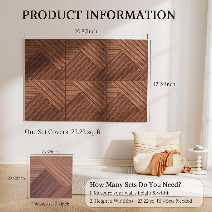 Acoustic Wall Panels, 6 Piece 23.62" X 23.62" Peel and Stick Wall Panels | High-Density Polyester Fiber Self Adhesive Soundproofing for Interior Wall Décor, Tri-Tone Chevron Weave - Image 2