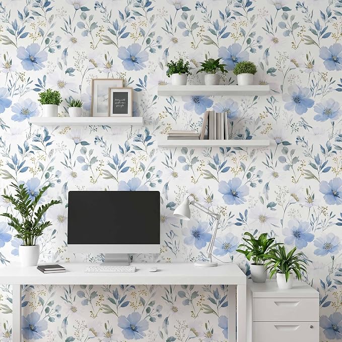 Light Blue Floral Peel and Stick Wallpaper, 17.7in x 393.7in | Self-adhesive and removable watercolor flower design for bedroom, living room, and accent wall - Image 9
