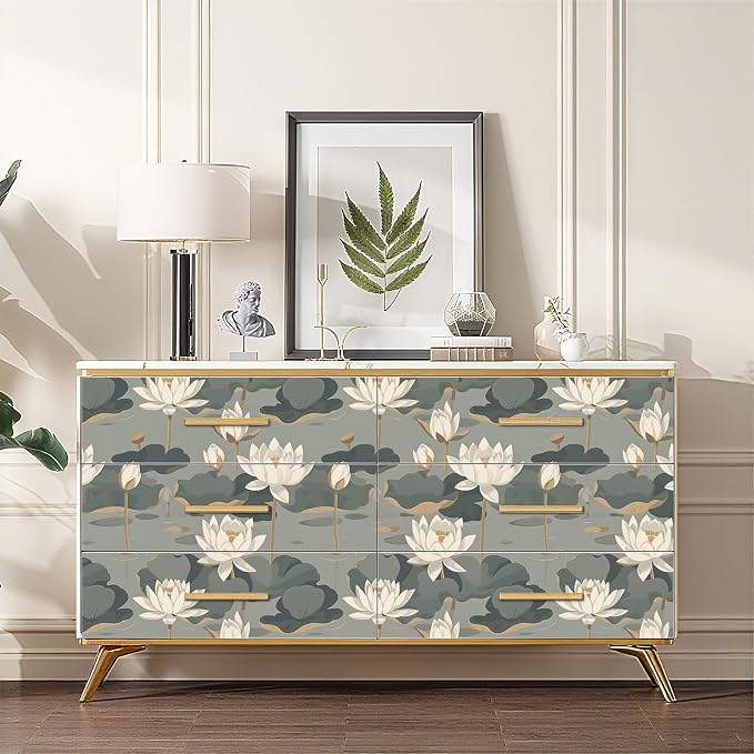 Lotus Flower Peel and Stick Wallpaper, Elegant Asian Botanical Water Lily Design (Gray-Green) Classic Plants for Home Decor | 17.7" x 236", Self-Adhesive, Waterproof Vinyl - Image 2
