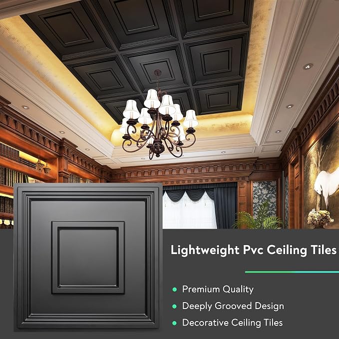 STICKGOO Black PVC Ceiling Tiles, 24 x 24 in, 12 Pack | 2 x 2ft Drop ceiling panels, covers 48 sq ft, lightweight, ideal for glue-up installation or covering existing ceiling - Image 3