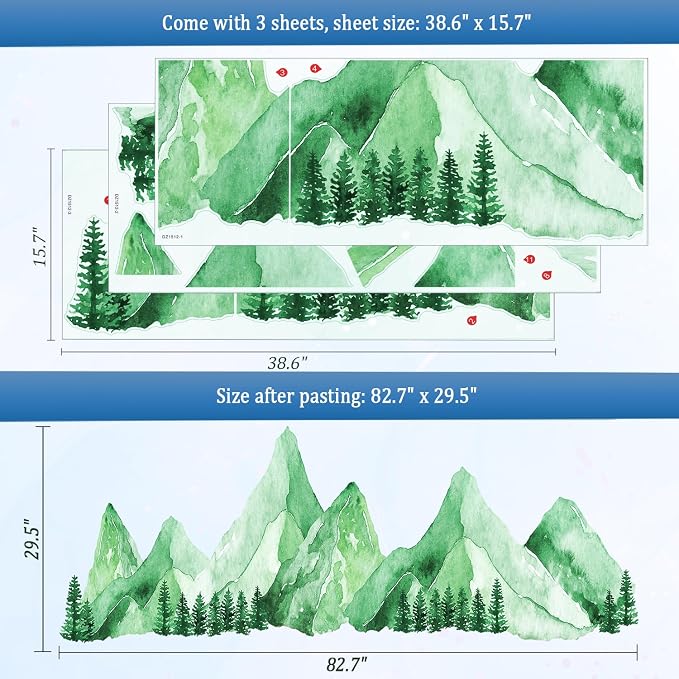 Green Watercolor Mountain Wall Decals Peel and Stick – Scenic Forest Range Mural Pine Trees, Boho Nature Landscape Vinyl Sticker for Bedroom, Nursery, Living Room – Removable DIY Wall Decor Art - Image 5