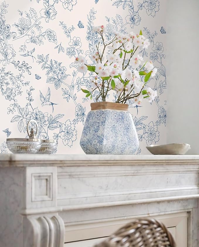 Froluya Cream White and Blue Peel and Stick Wallpaper Floral Contact Paper | 17.7in×590.5in Blue Floral Wallpaper Peel and Stick Vintage Flower Bird Self Adhesive Removable Wall Paper for Bathroom Vinyl - Image 6