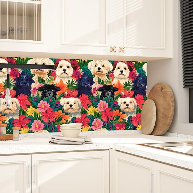 BOKEBEVE Dogs Floral Wallpaper Peel and Stick Boho Colorful 17.5 x 393.5In | Extra Long Removable Renter Friendly Vintage Floral Wall Paper for Bedroom Bathroom Cabinet Drawer Feature Accent Wall - Image 4