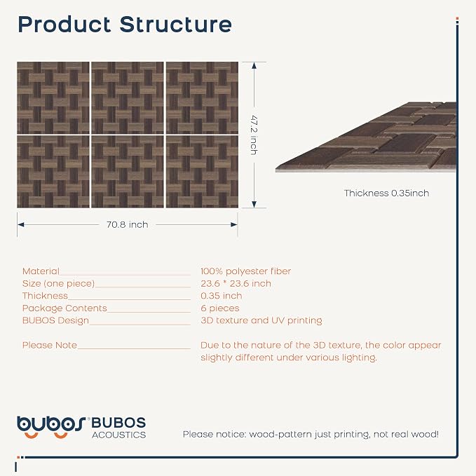 BUBOS 6 Pack Wood Wall Panel,23.6"x23.6" Peel and Stick Faux Acousitc Panel | Luxury Brown Woodgrain Textured Panel for Wall & Home Decor - Self Adhesive Sound Absorbing for Studio,Office, Living Room - Image 3