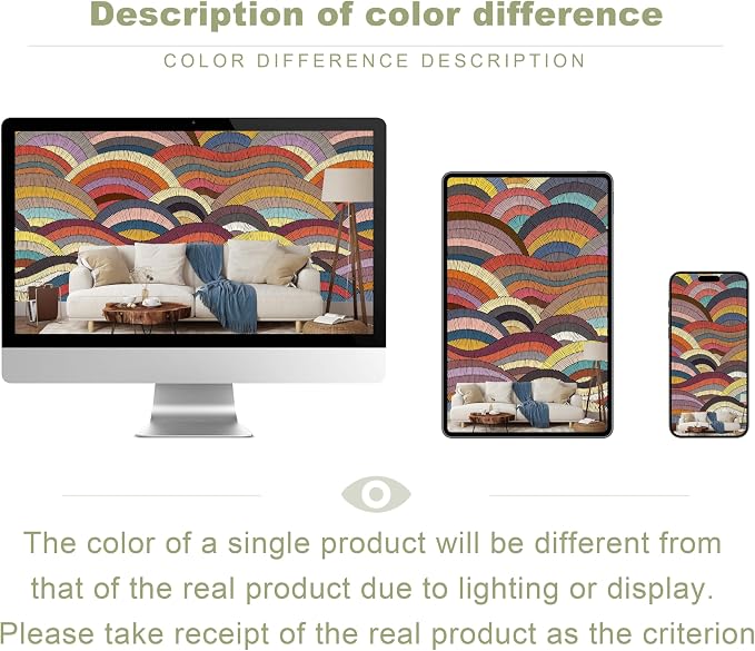 Boho Peel and Stick Wallpaper Rainbow Wave Wall Mural | 173"x108", Self Adhesive Canvas, for Bedroom Living Room Bathroom, Seamless, No overlapping - Image 5