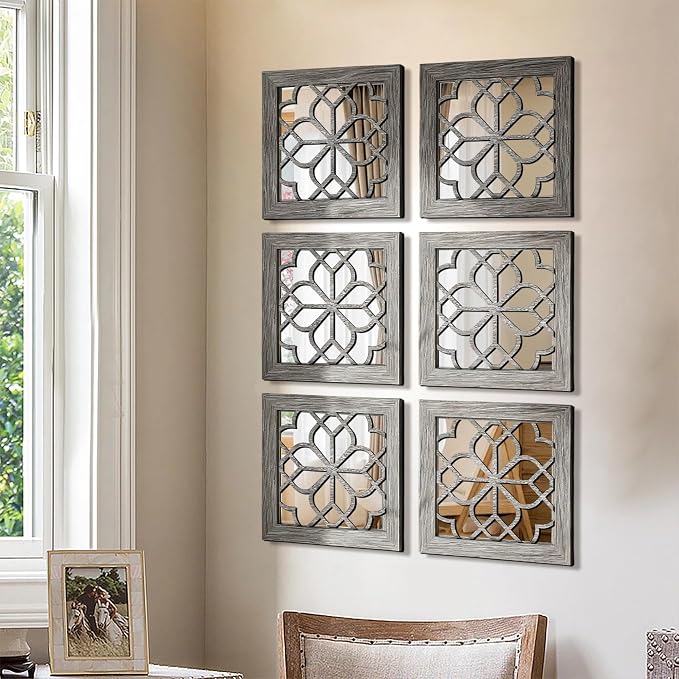 Set of 4 Boho Wall Mirrors with Carved Floral Design, 12x12 Inch Rustic Farmhouse Accent Mirrors, Vintage Style Shatterproof Square Mirror Decor for Living Room, Bedroom(Brown) - Image 7