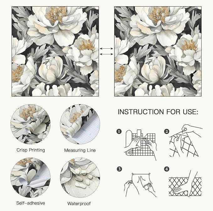 Safiyya Peel and Stick Wallpaper Black and White Floral Contact Paper Peel and Stick 17.3"x 78.7" Wall Paper Self Adhesive Removable Wallpaper for Bedroom Bathroom Vinyl Roll - Image 5
