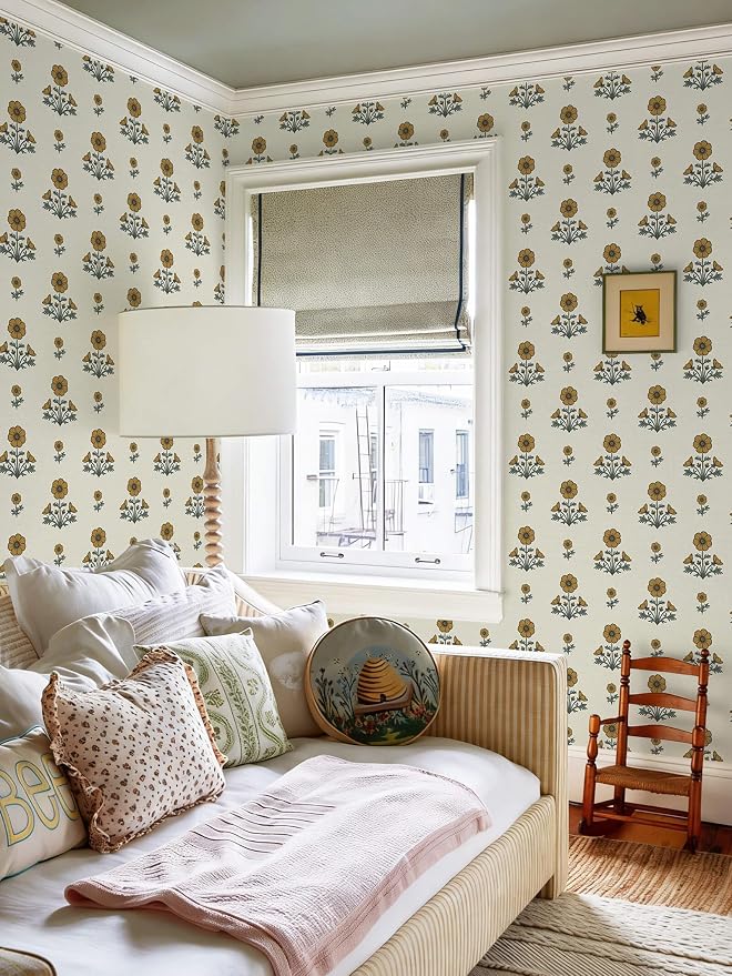 Vintage Floral Wallpaper Floral Peel and Stick Wallpaper for Bathroom 393"×17.3" Daisy Wall Paper Yellow and Green Cottagecore Contact Paper for Nursery Kitchen Self-Adhesive Vinyl Waterproof - Image 4