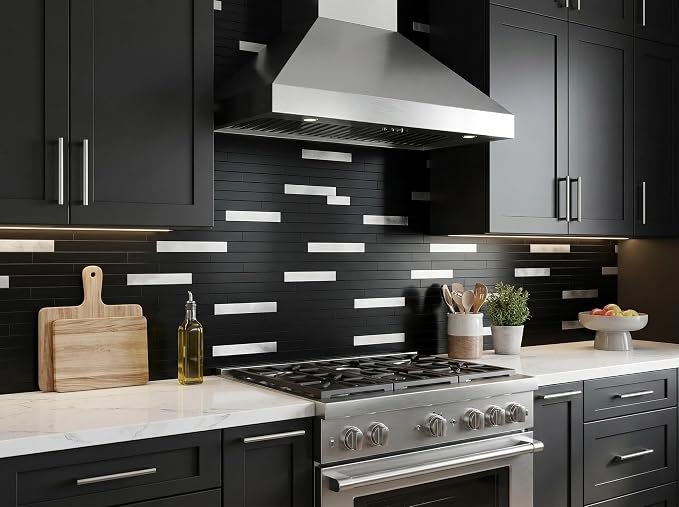 Yipscazo 1 Sheet Peel and Stick Stone Metal Tile Backsplash, Stick on Tiles for Backsplash Kitchen, Bathroom, Laundry Room, Camper, Fireplace (12'' X 12'', Polished Pure Black) - Image 2