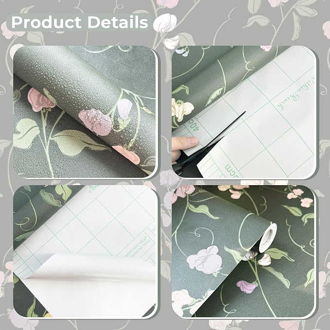 Vintage Wallpaper Peel and Stick Dark Green Floral Wallpaper Leaf Contact Paper Vinyl Waterproof Self Adhesive Boho Botanical Wall Paper for Bedroom Shlef Cabinet Decor 17.3" x 78.7" - Image 2