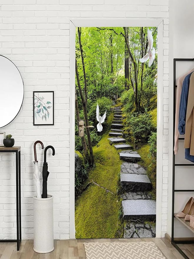 artfanke 3D Peel and Stick Door Sticker 33.5"x84.6"- Self-Adhesive Door Wallpaper Murals Decal Wall Poster-Pigeon Green Forest Landscape for Home Decor (2 Sheets/Set) - Image 4