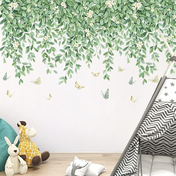 White Flowers Wall Decals Hanging Green Leaves Wall Stickers Butterflies Plants DIY Art Mural Decortions for Kids Baby Girls Bedroom Living Room Offices Nursery Classroom Closet Ceiling Vertex Line (A) - Image 8