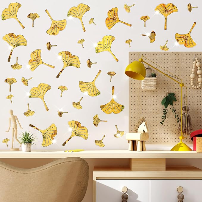 Golden Wall Leaves Decals Peel and Stick Modern Golden Acrylic Mirror Decal | Wall stickers, removable vinyl art murals, nordic plant decor, for living room bedroom bathroom kitchen farmhouse home decor - Image 2