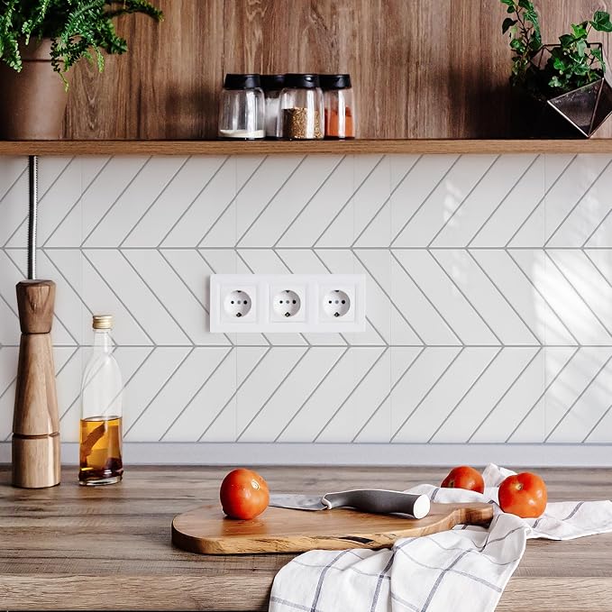 STICKGOO Herringbone Peel and Stick Backsplash, White/Grey Grout, 10 Sheets | 12.6 x 9.7 in, Thicker Rectangular Vinyl Stick-On Wall Tiles, Easy Alignment, Waterproof, Easy to Clean, Kitchen/Bathroom - Image 3