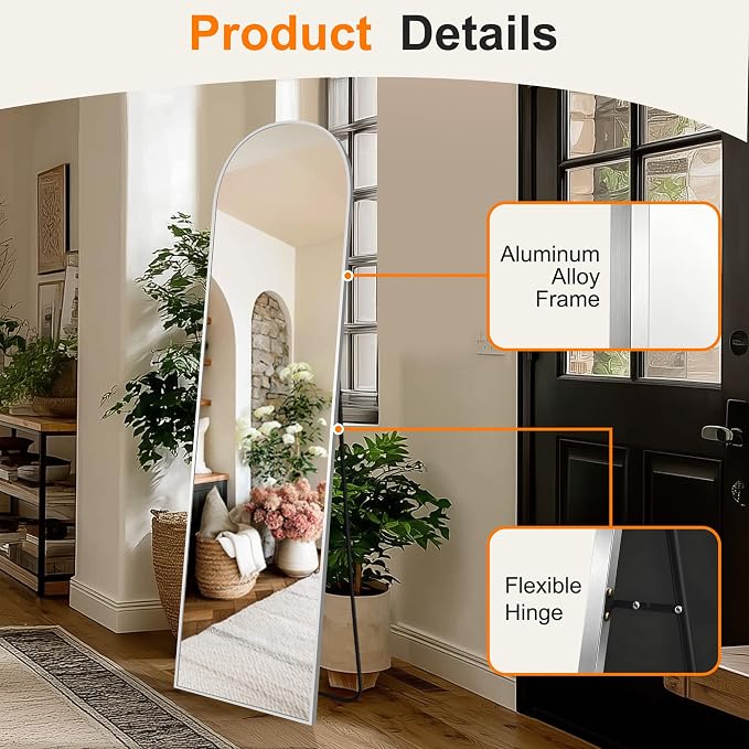 Arched Full Length Mirror, 56"x15" Standing Body Mirror for Wall, Silver - Image 7