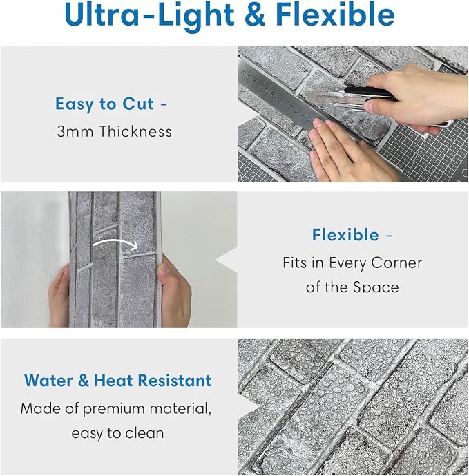 COMSTICKC 3D Peel and Stick Faux Brick Wall Panels for Quick DIY Wall Decor | Gray, 10 Pcs 11.8" x 11.8", Not Real Brick, Small Size Brick, Lightweight Thin PVC Decorative Wall Sticker, Cover 9.7 sq ft - Image 5