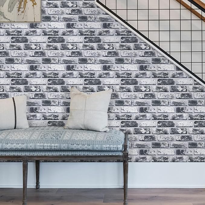 Commomy Faux Brick Panels Peel and Stick Wall Stickers 10 Pcs 11.8" x 11.8" | Small Size Thin PVC Wash Grey Fake 3D Brick Wallpaper for Kitchen,Fireplace,Home Office,Wall Covering Decor(Covers 9.7 sq.ft) - Image 9