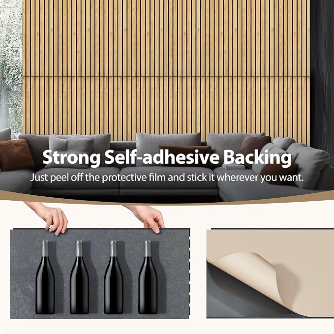 INMOZATA 8 Pack Peel and Stick Acoustic Wood Slat Wall Panels Nature Oak | 3D Fluted Textured, Soundproof Accent Wall Paneling for Interior Wall Decor Fireplace Living Room Bedroom Office, 11.8"x23.6" - Image 5