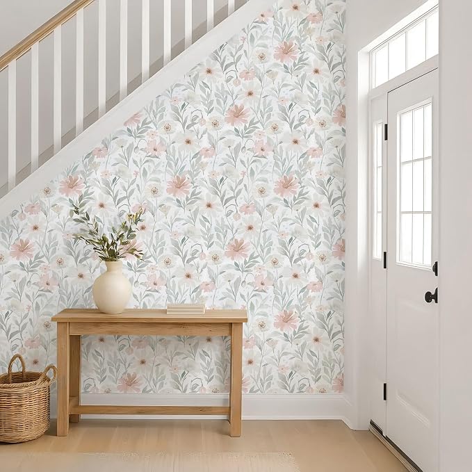 Peel and Stick Wallpaper Pink and Green Floral Wall Paper French Country Vintage Contact Paper Neutral Botanical Self Adhesive Removable Wallpaper for Kitchen Living Room Bathroom Bedroom 17.3" × 394" - Image 6