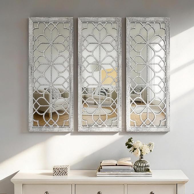 Set of 2 16x41.5 Inch Large Carved Floral Wood Frame Wall Mirrors, Shatterproof Boho Farmhouse Rustic Accent Mirrors for Living Room, Bedroom, Bathroom, Entryway & Home Wall Decor (Gray) by HMANGE