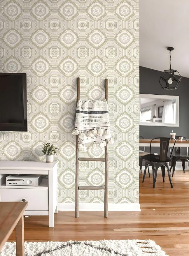 Neutral Vintage Wallpaper Tile Botanical Peel and Stick Wallpaper | Beige geometric floral tile seamless print, Removable waterproof vinyl wall covering, bedroom accent wall decor - Image 5