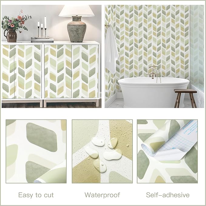 Boho Peel and Stick Wallpaper Checkered Contact Paper 17.3"x78.7" Neutral Geometric Wall Paper Modern Self Adhesive Removable Wallpaper for Bathroom Kitchen Cabinets Waterproof(Green/Yellow) - Image 2