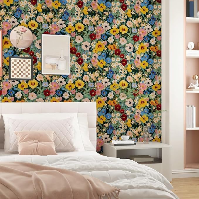 BOKEBEVE Floral Wallpaper Peel and Stick Boho Green Yellow 17.5 x 118In | Removable Self Adhesive Renter Friendly Vintage Watercolor Wall Paper for Bedroom Bathroom Living Room Accent Wall - Image 4