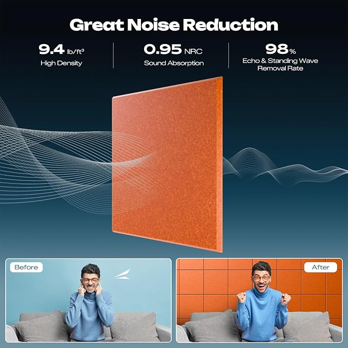 Sonicism 22 Pack Acoustic Wall Panels with Self-Adhesive, 12" X 12" X 0.4" Sound Proof Foam Panels, Decorative Soundproof Wall Panels, Sound Proof Absorbing Tiles for Home & Offices, Orange - Image 2